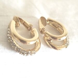 Gold Rhinestone Double Hoop Earrings Clip On